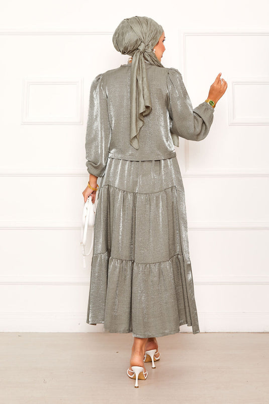 Güpür Detaylı Etekli Kimonolu Takım Haki