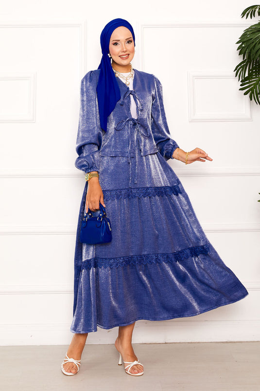 Güpür Detaylı Etekli Kimonolu Takım İndigo