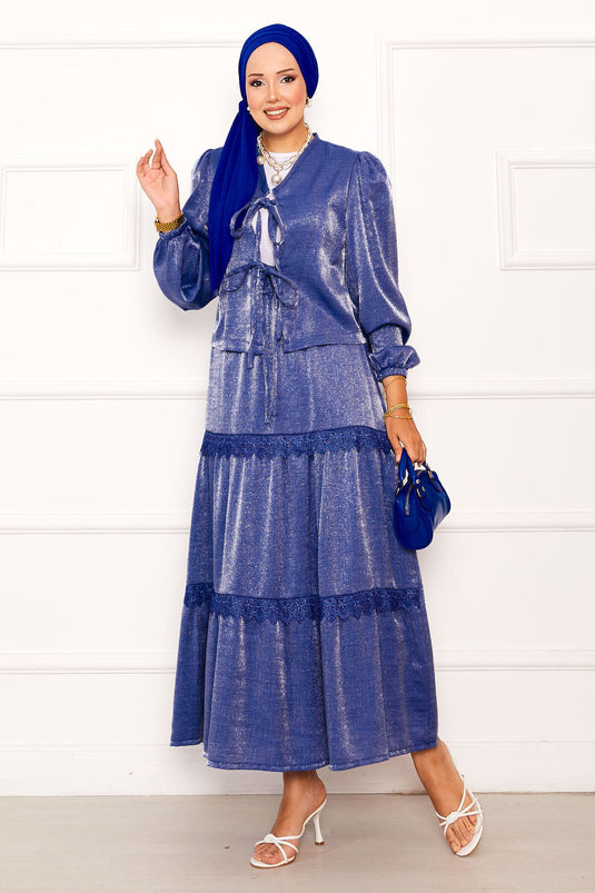 Güpür Detaylı Etekli Kimonolu Takım İndigo