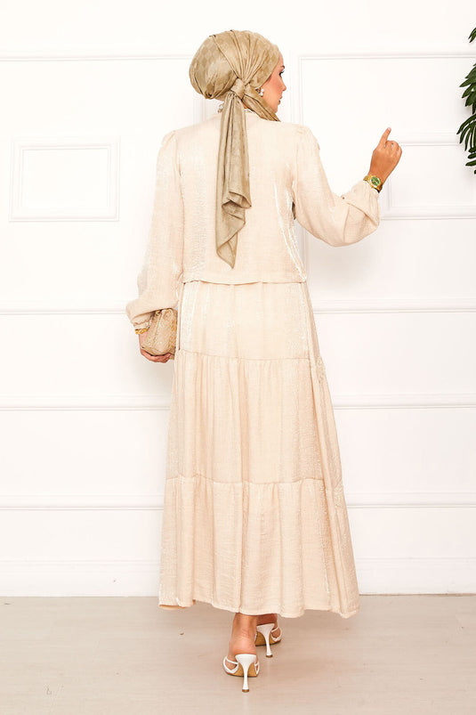 Güpür Detaylı Etekli Kimonolu Takım Krem