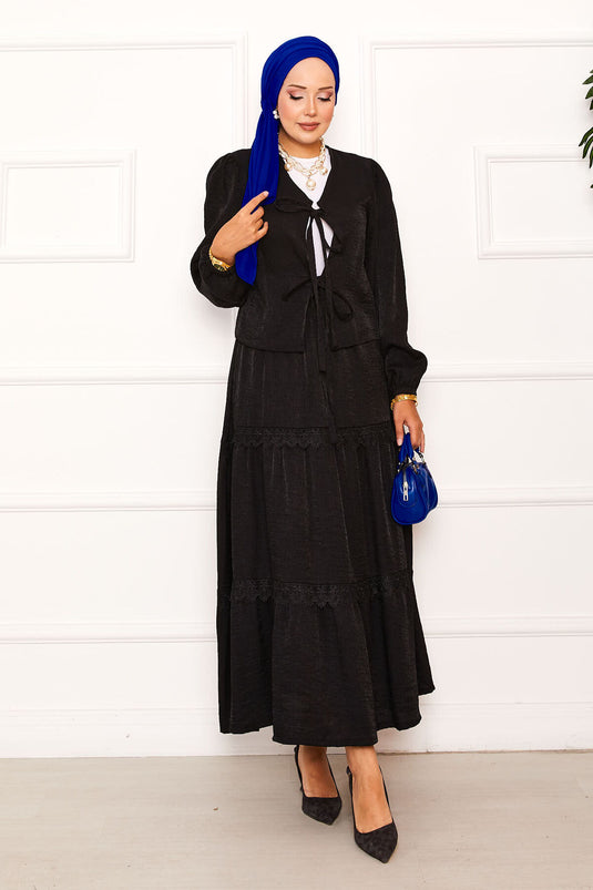 Güpür Detaylı Etekli Kimonolu Takım Siyah