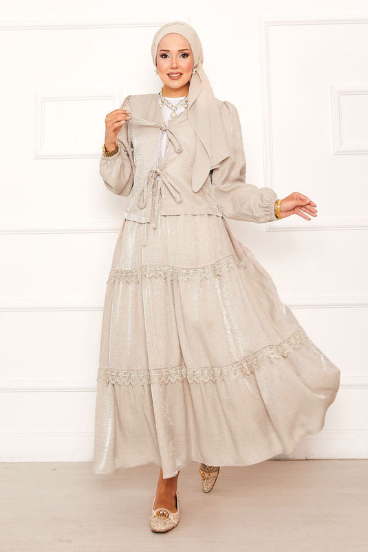 Kimono Set with Guipure Detail and Skirt