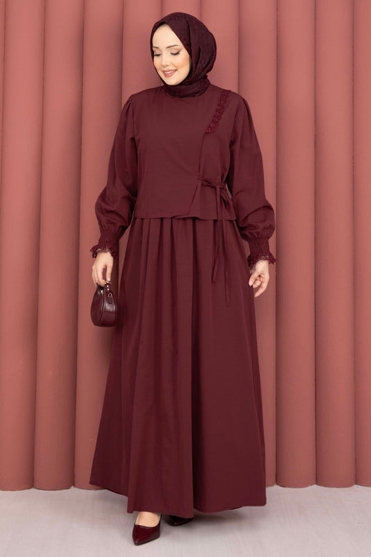 Two-Piece Set with Lace-Trimmed Dress, Burgundy