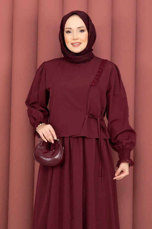 Two-Piece Set with Lace-Trimmed Dress, Burgundy