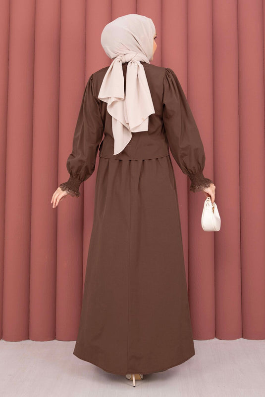 Ensemble Deux Pièces avec Robe à Bande en Guipure Marron