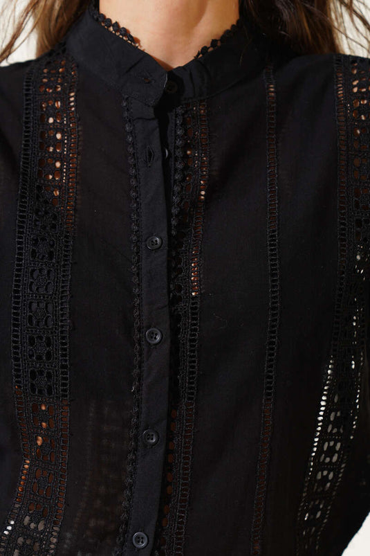 Chemise courte rayée en guipure noire