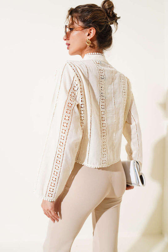 Chemise courte rayée en guipure couleur pierre