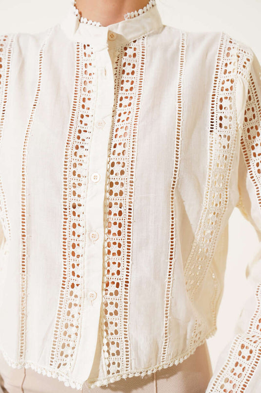 Chemise courte rayée en guipure couleur pierre