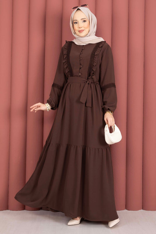 Lace-Trimmed Belted Modest Dress Brown