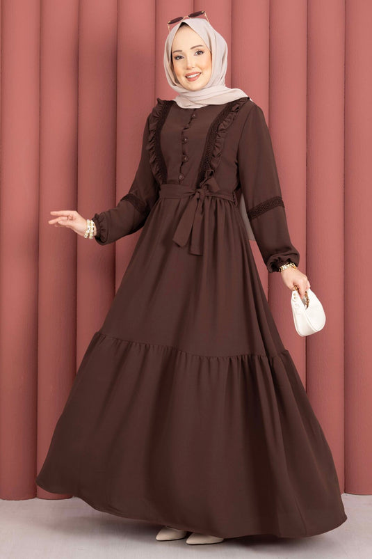 Lace-Trimmed Belted Modest Dress Brown