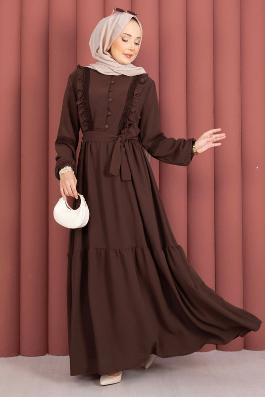 Lace-Trimmed Belted Modest Dress Brown