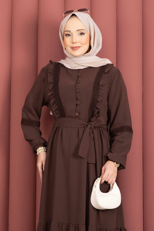 Lace-Trimmed Belted Modest Dress Brown