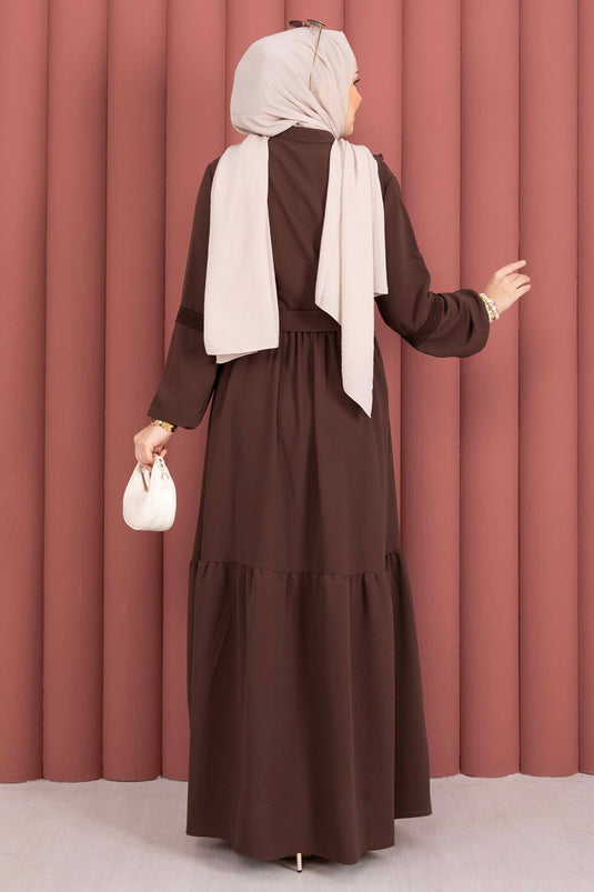 Lace-Trimmed Belted Modest Dress Brown