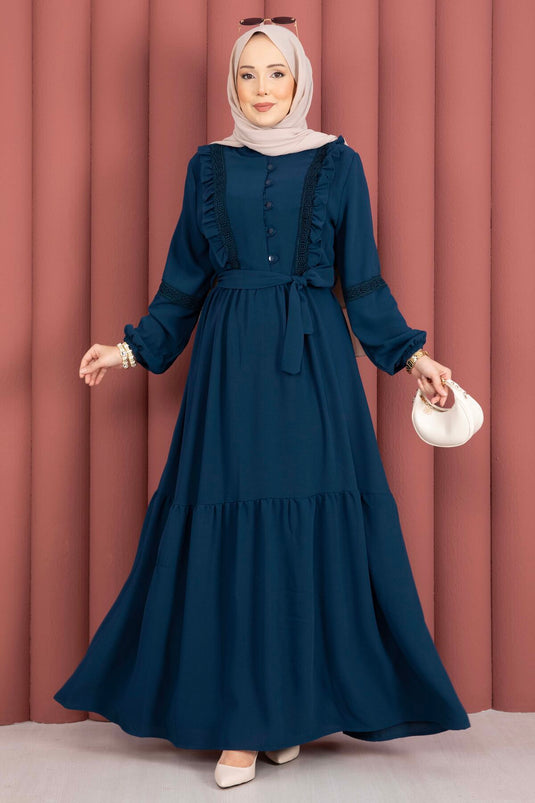 Lace-Trimmed Belted Modest Dress Petrol