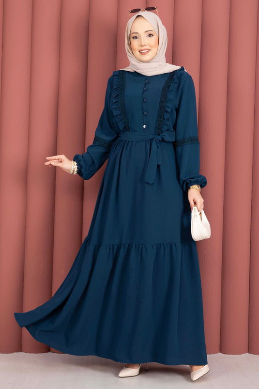 Lace-Trimmed Belted Modest Dress Petrol