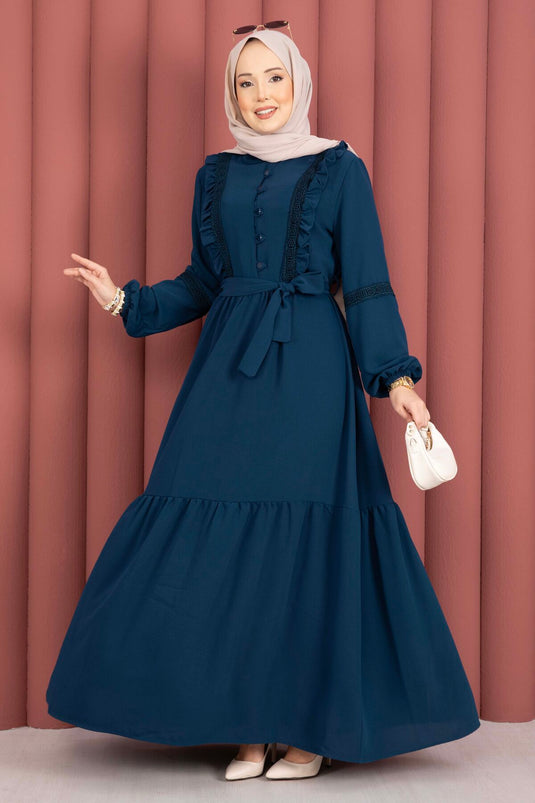 Lace-Trimmed Belted Modest Dress Petrol