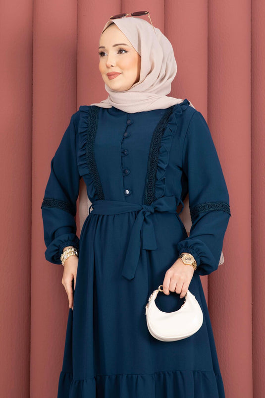 Lace-Trimmed Belted Modest Dress Petrol
