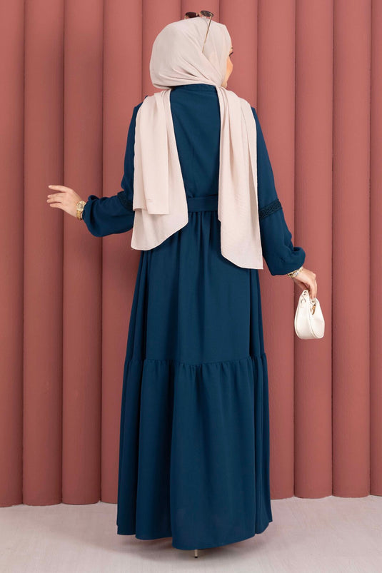 Lace-Trimmed Belted Modest Dress Petrol