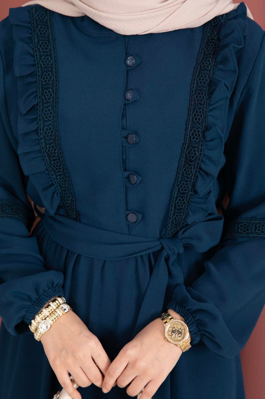 Lace-Trimmed Belted Modest Dress Petrol