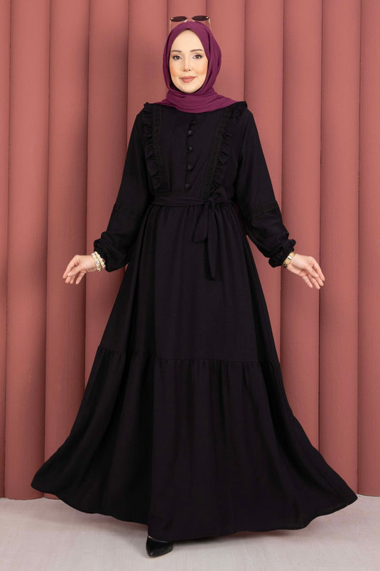 Lace-Trimmed Belted Modest Dress Black