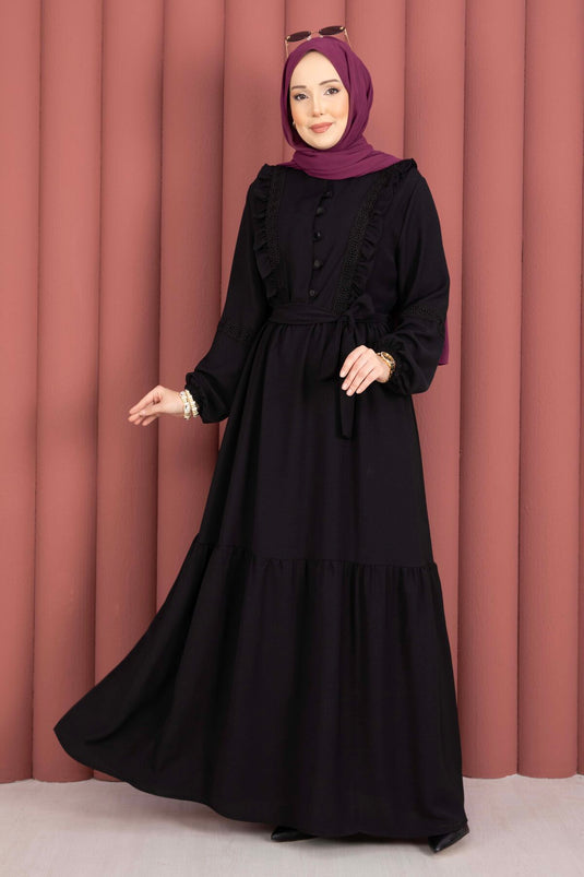 Lace-Trimmed Belted Modest Dress Black