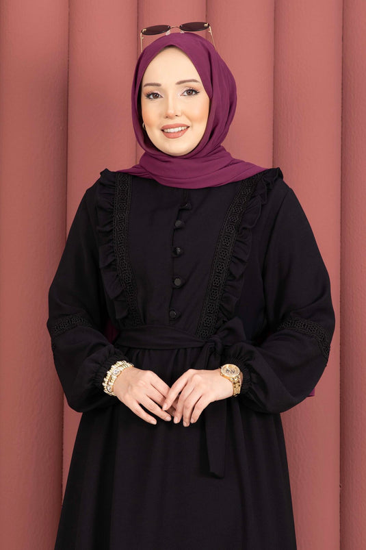 Lace-Trimmed Belted Modest Dress Black