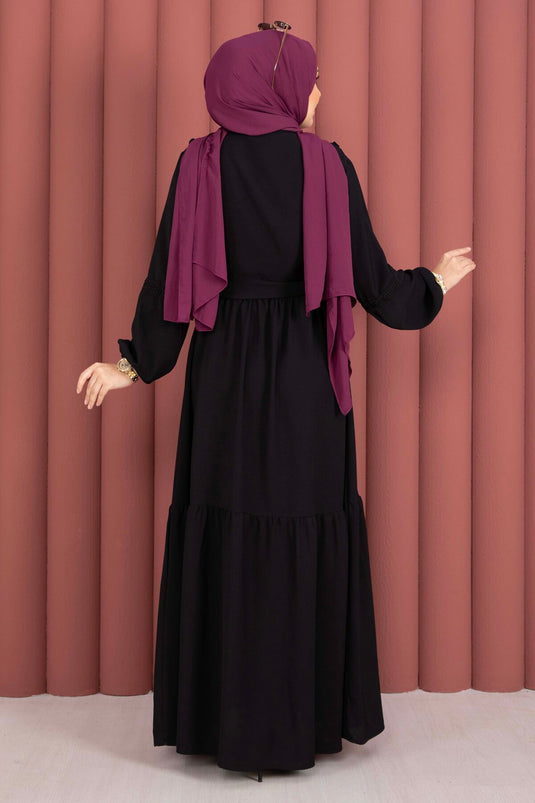 Lace-Trimmed Belted Modest Dress Black