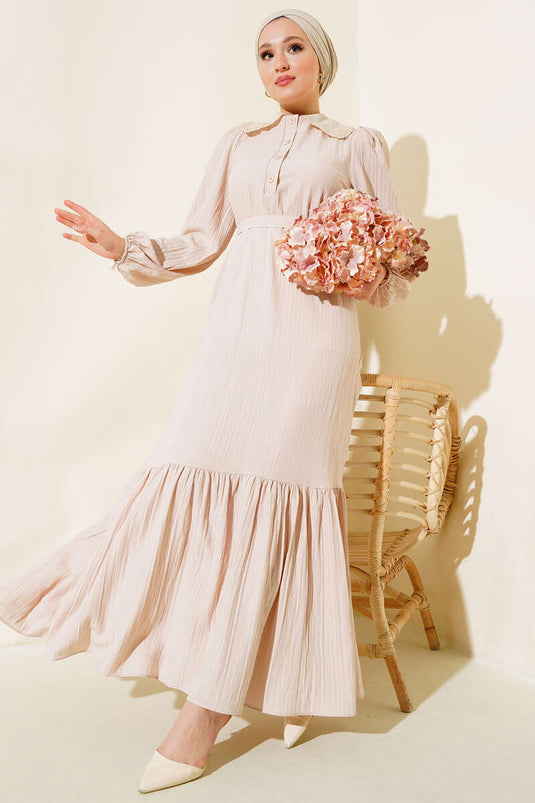 Vestido Bebé Cuello Cordones Beige