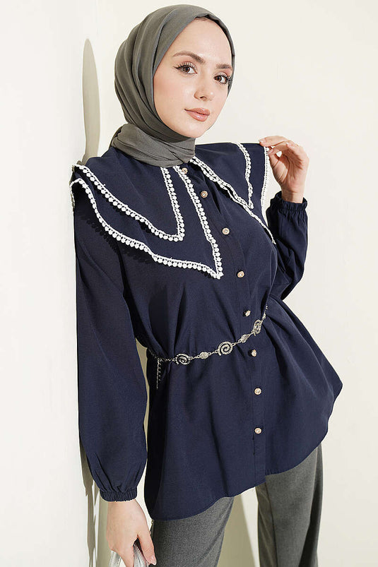 Lace-Trimmed Double Sailor Collar Shirt Navy Blue