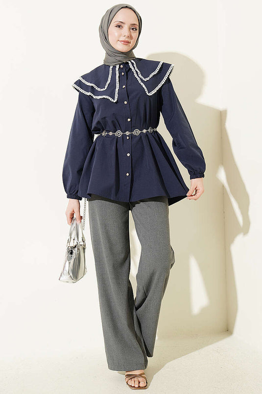 Lace-Trimmed Double Sailor Collar Shirt Navy Blue