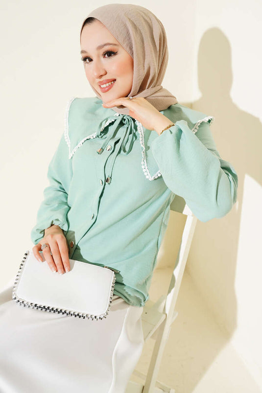 Guipure Navy Collar Short Shirt Almond Green