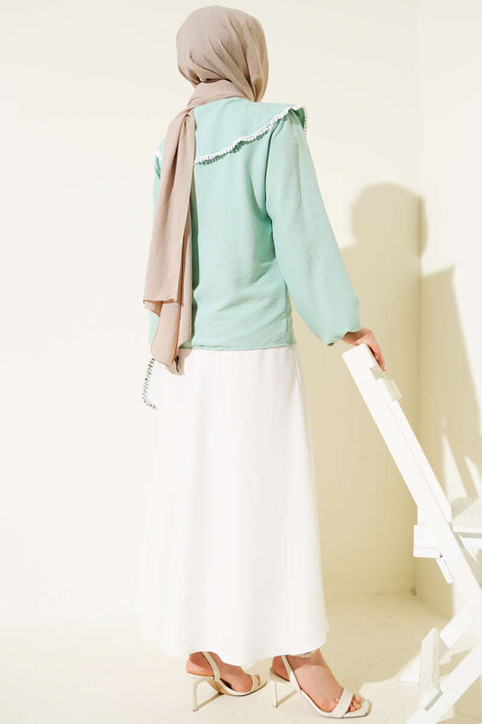 Guipure Navy Collar Short Shirt Almond Green