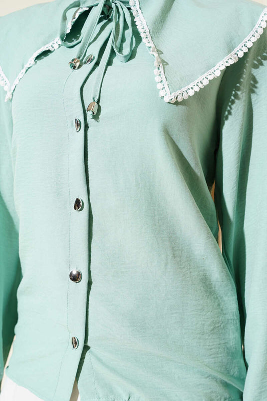 Guipure Navy Collar Short Shirt Almond Green