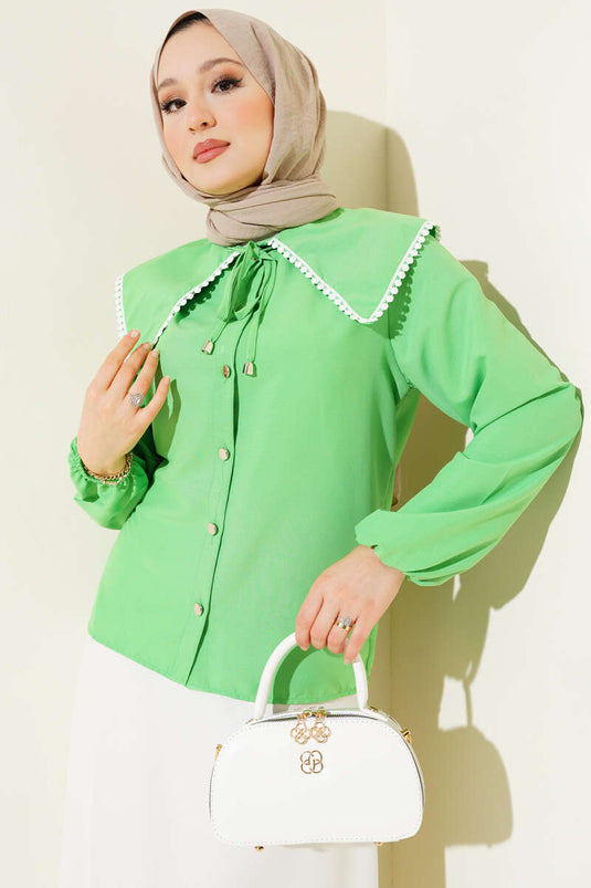 Guipure Navy Collar Short Shirt Green