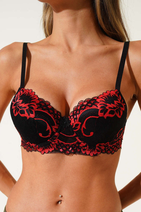 Laced Non-Padded Bra Black Red