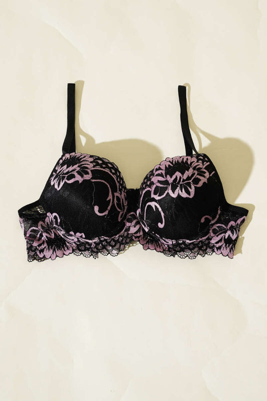 حمالة صدر غير مبطنة ومزينة بالدانتيل باللون الأسود والوردي