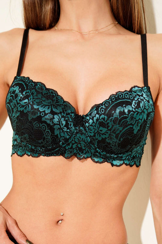 Güpürlü Desteksiz Sütyen Siyah Yeşil