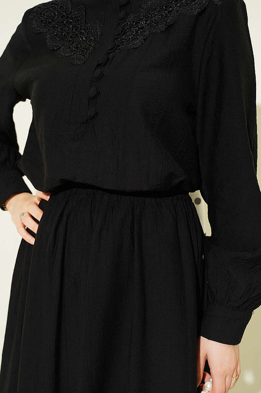 Ensemble jupe boutonnée mi-longue en dentelle noire