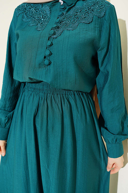 Lace Half-Brit Buttoned Skirt Set Emerald