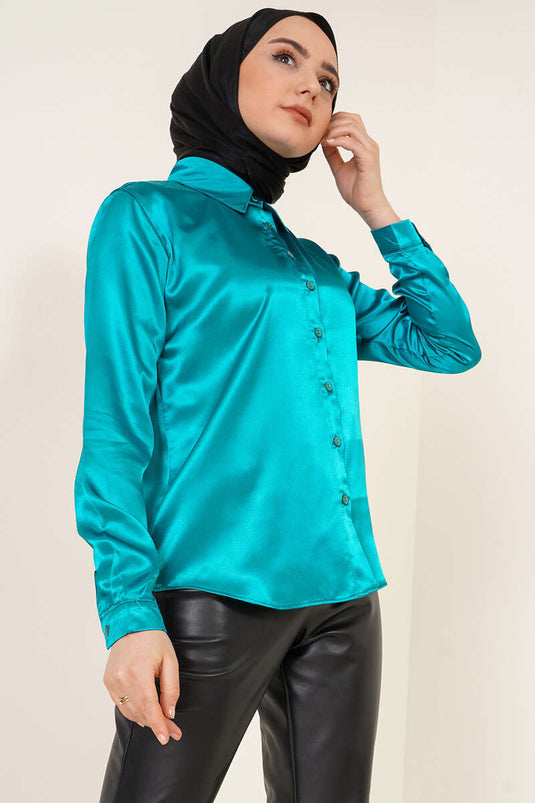 Hafif Dökümlü Saten Gömlek Petrol