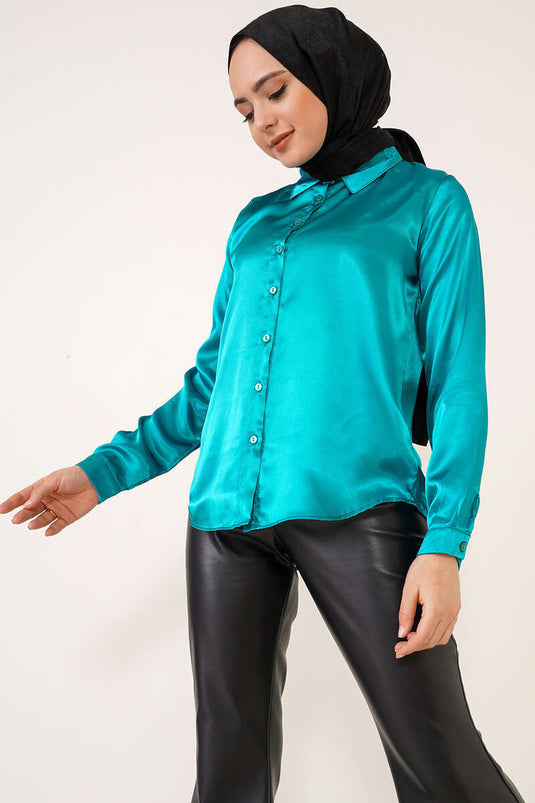 Hafif Dökümlü Saten Gömlek Petrol