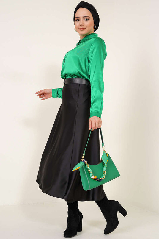 Hafif Dökümlü Saten Gömlek Yeşil