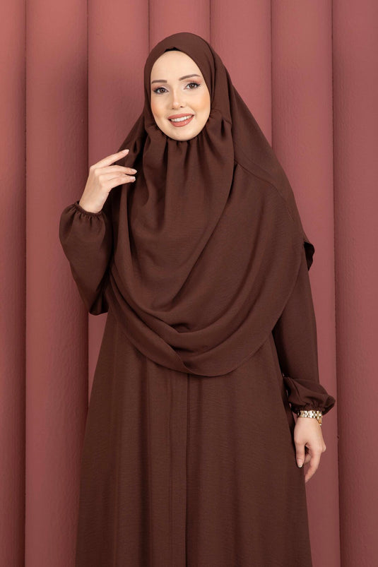 Hafsa Fermuar Detaylı Tesettür Namaz Elbisesi Kahve