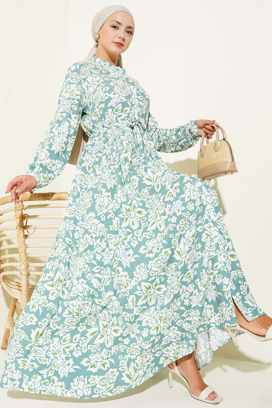 فستان بنقشة مميزة، بياقة صينية وحزام خصر مرتفع، لون نعناعي