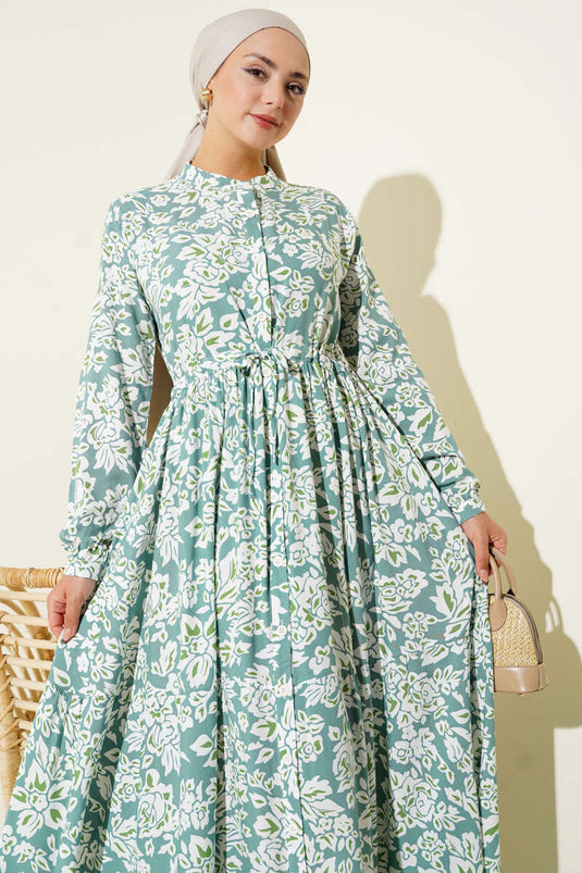 فستان بنقشة مميزة، بياقة صينية وحزام خصر مرتفع، لون نعناعي