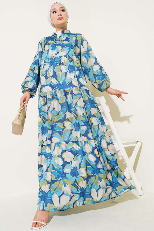 فستان بياقة صينية وأساور مطاطية ونقشة زهور، باللون الأزرق الداكن