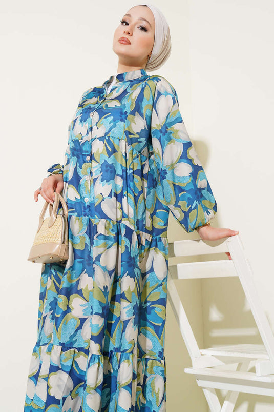 فستان بياقة صينية وأساور مطاطية ونقشة زهور، باللون الأزرق الداكن