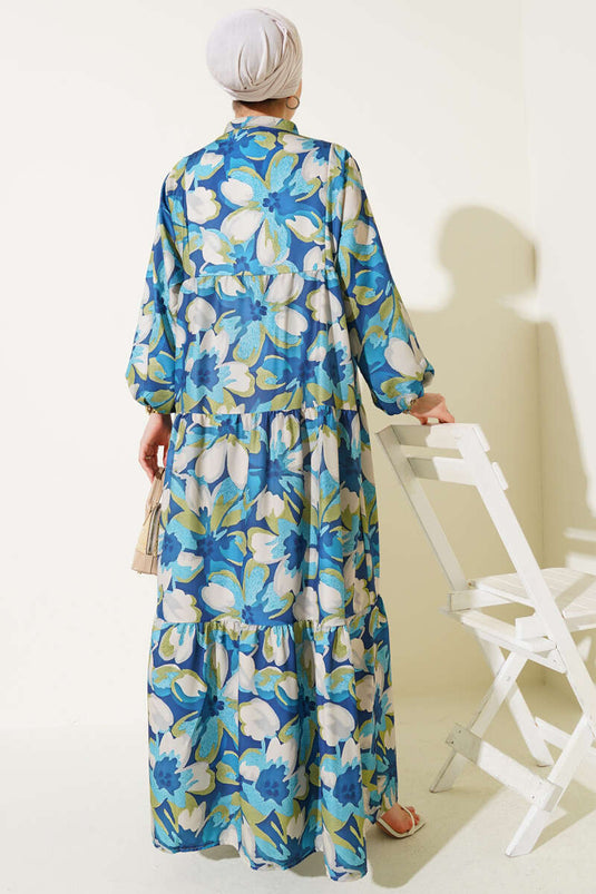 فستان بياقة صينية وأساور مطاطية ونقشة زهور، باللون الأزرق الداكن