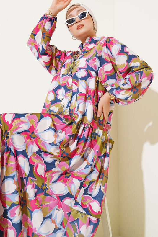 Pink Mandarin Collar Dress with Elasticated Cuffs and Floral Pattern.