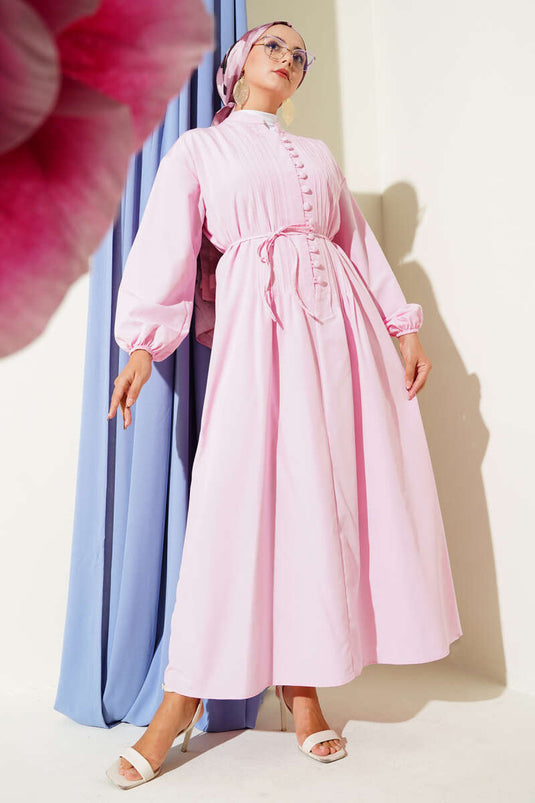 Robe boutonnée britannique rose à col mandarin